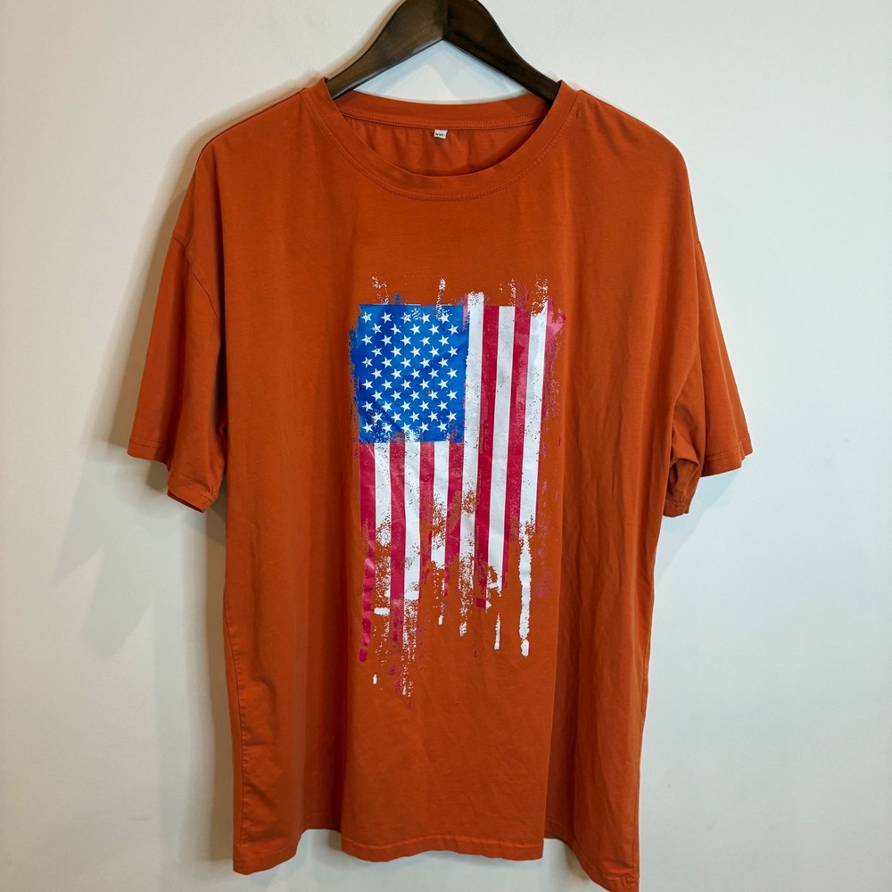 Orange American Flag Graphic T-Shirt XXL Distressed USA Patriotic Tee